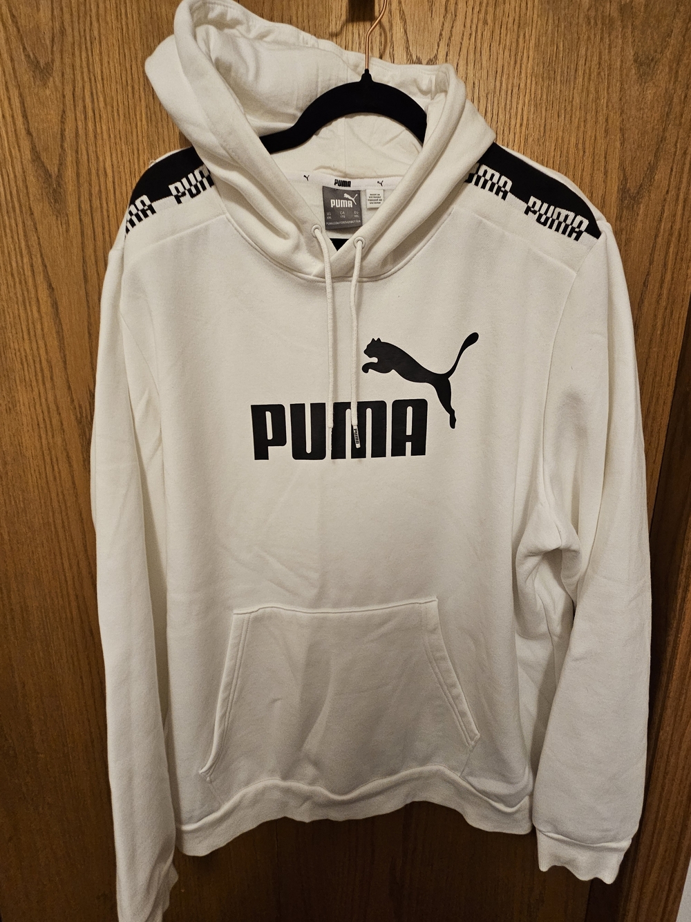Puma White Hoodie with Black Logo and Shoulder Tape
